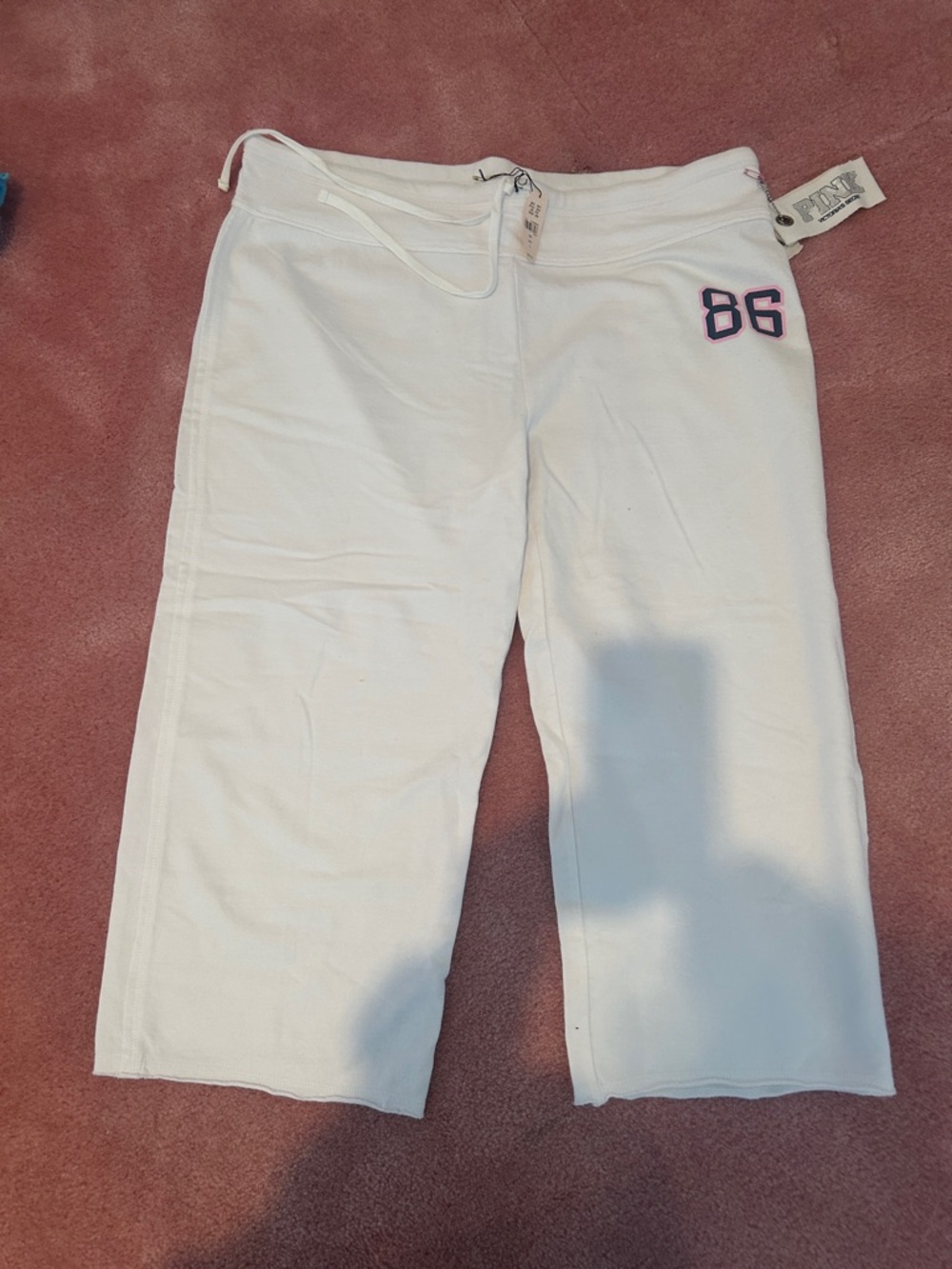 PINK Victoria's Secret White Capri Sweatpants with Navy & Pink '86 Patch